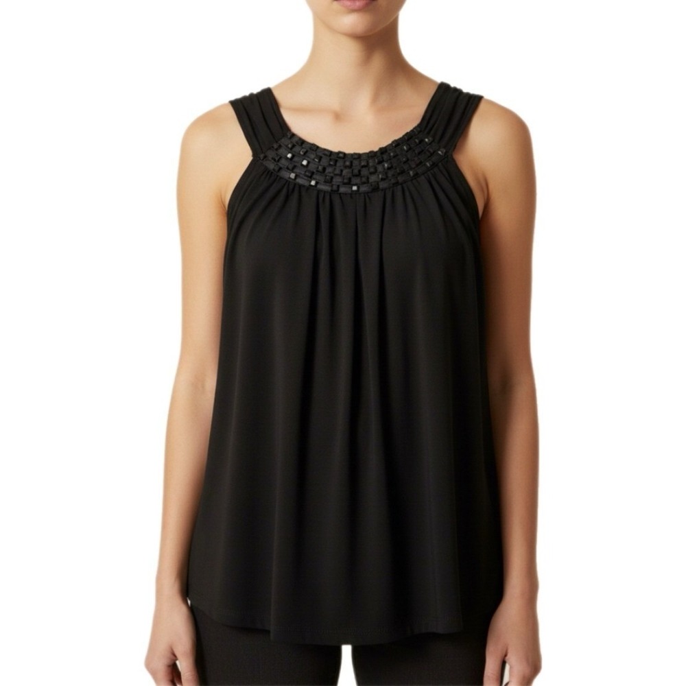 Perception Women Beaded Neckline Tank Top SZ 1X Black‎ Pleated Sleeveless Blouse